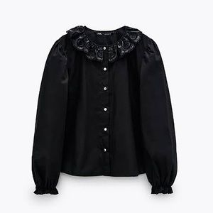 ZARA | Faux Leather Embroidered Collar Blouse Top